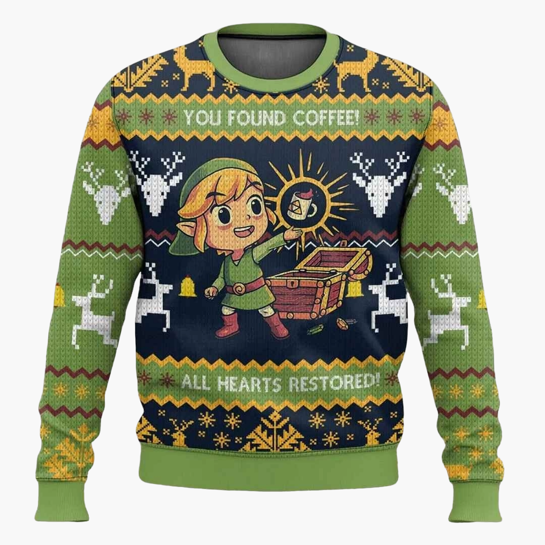 Unisex-Weihnachtspullover Geek Retro Videospiel-Stil – Motiv Kaffee und restaurierte Herzen