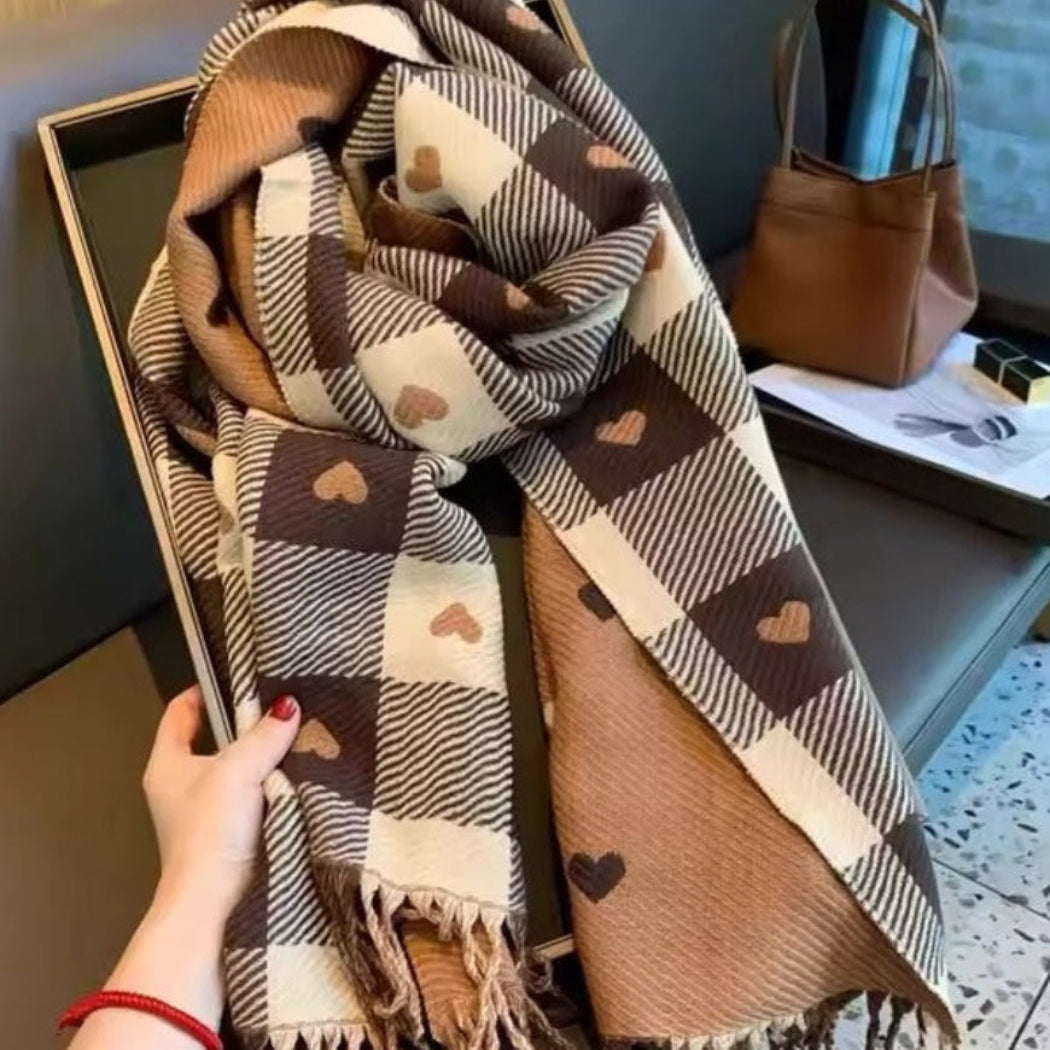 Écharpe à Carreaux et Cœurs Douce avec Franges pour Femme