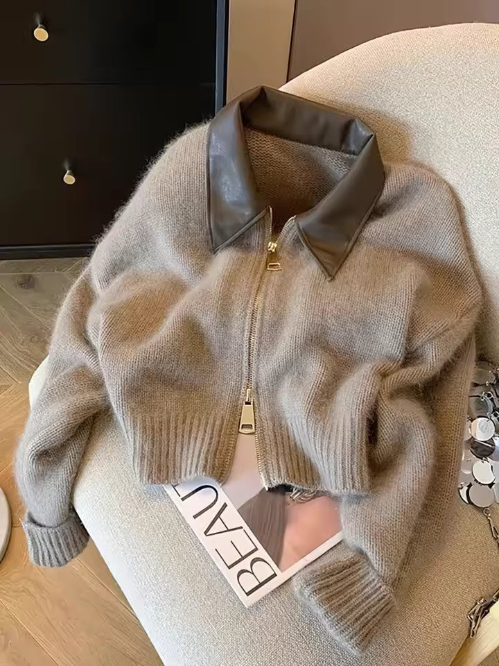 Chaqueta corta con cremallera y cuello contrastante para mujer – Estilo casual chic