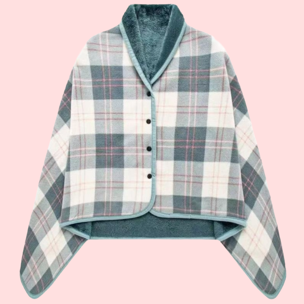 Women's Plaid Snap Button Fleece Lined Poncho Cape