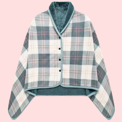 Women's Plaid Snap Button Fleece Lined Poncho Cape