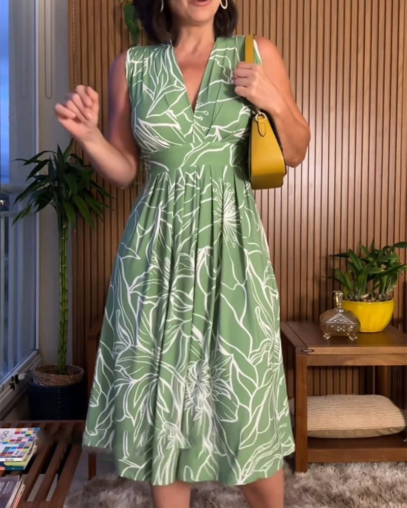 Lässiges ärmelloses Midikleid für Damen mit Blumenmuster, plissiertem V-Ausschnitt