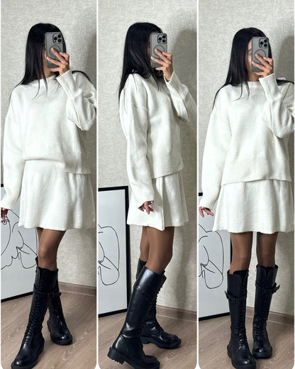 Ensemble Femme Élégant Pull et Jupe Style Décontracté Chic Automne Hiver