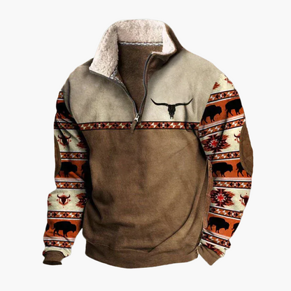 Fleecevest met rits in westernstijl voor heren – Sweatshirt met etnisch patroon, lange mouwen, casual en warm uiterlijk