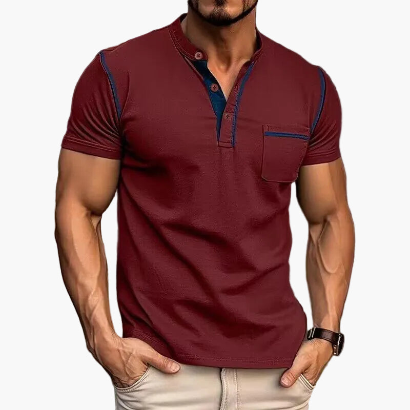 Męski t-shirt z kołnierzem Henley, swobodny styl, krótkie rękawy, modny miejski look