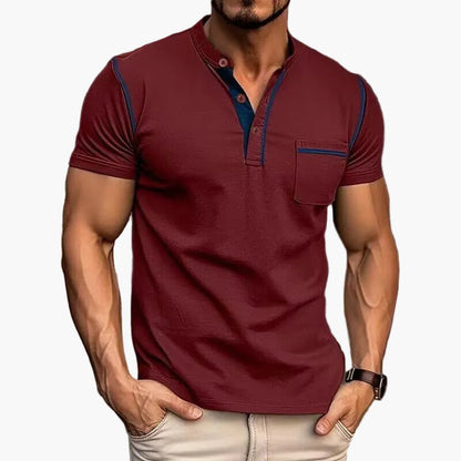 Męski t-shirt z kołnierzem Henley, swobodny styl, krótkie rękawy, modny miejski look