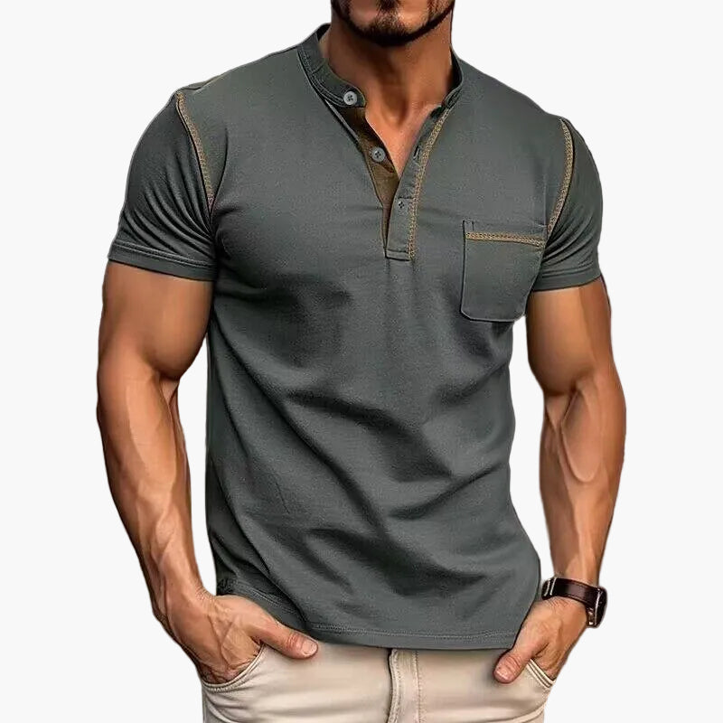 Męski t-shirt z kołnierzem Henley, swobodny styl, krótkie rękawy, modny miejski look