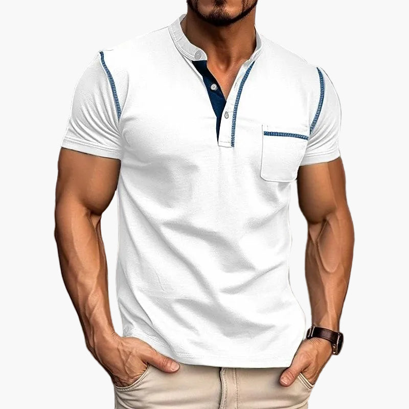 Męski t-shirt z kołnierzem Henley, swobodny styl, krótkie rękawy, modny miejski look