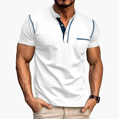 Męski t-shirt z kołnierzem Henley, swobodny styl, krótkie rękawy, modny miejski look