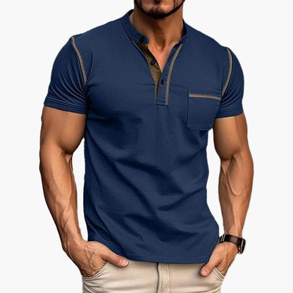 Męski t-shirt z kołnierzem Henley, swobodny styl, krótkie rękawy, modny miejski look