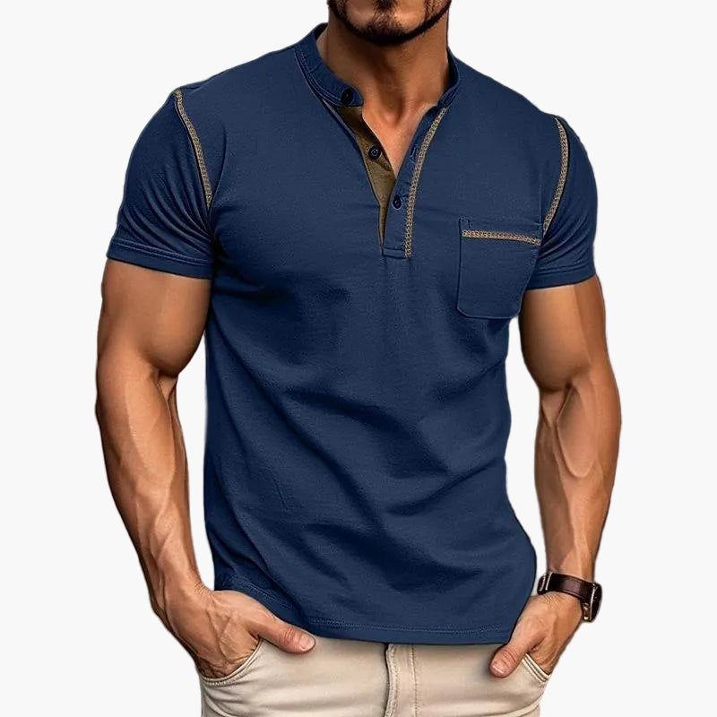 Męski t-shirt z kołnierzem Henley, swobodny styl, krótkie rękawy, modny miejski look