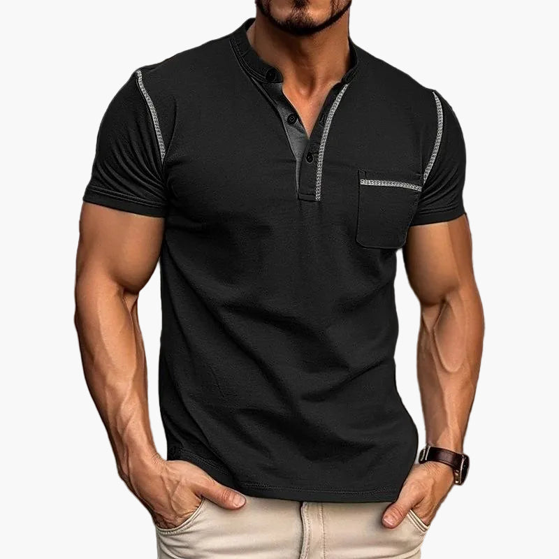 Męski t-shirt z kołnierzem Henley, swobodny styl, krótkie rękawy, modny miejski look