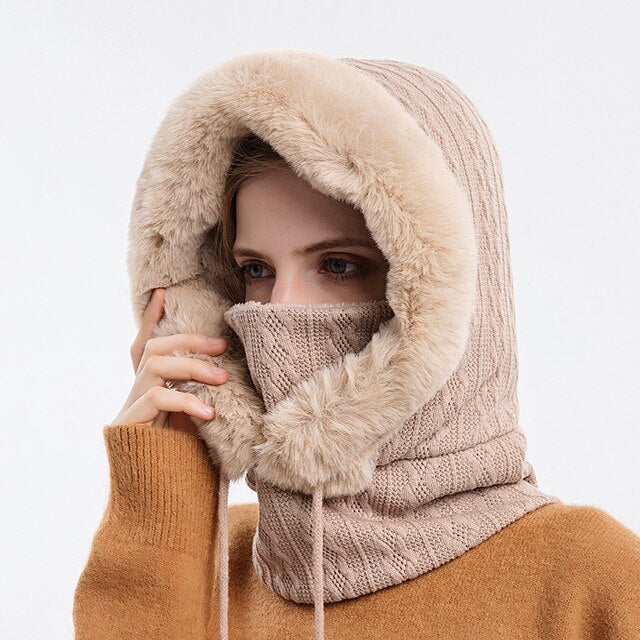 Gefütterte Strickkapuze mit Kunstfell in Rosa und integriertem Nackenwärmer für Damen
