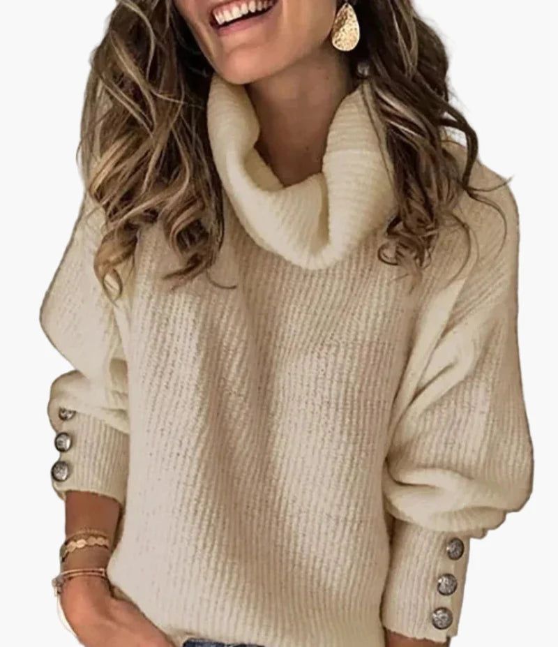 Dam polotröja med dekorativa knappar, chic för avslappnad eller elegant look
