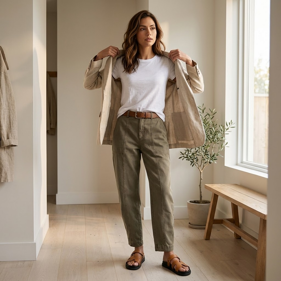 Pantalon femme coupe décontractée couleur kaki clair avec ceinture