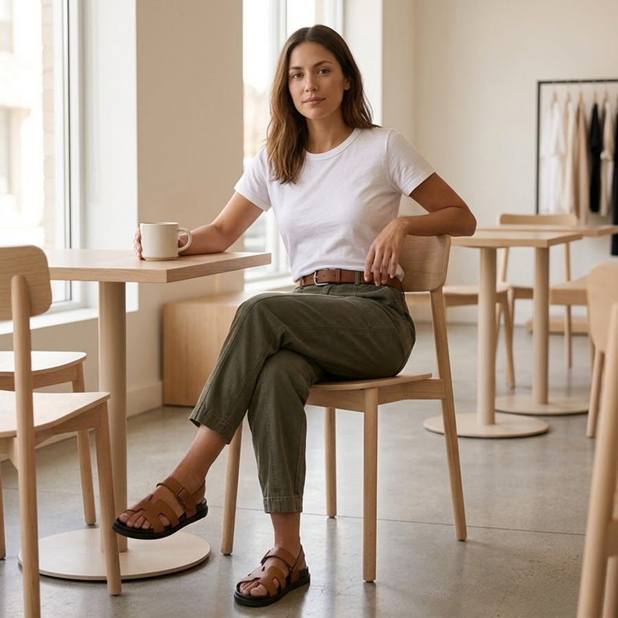 Pantalon femme coupe décontractée couleur kaki clair avec ceinture
