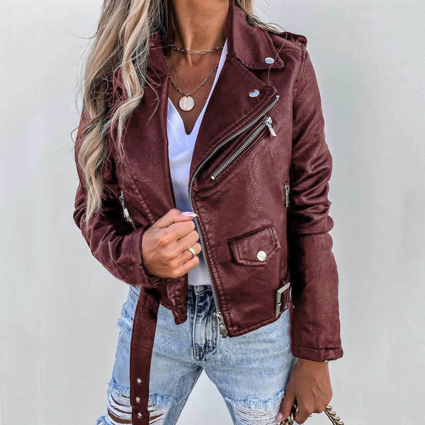 Giacca da donna corta in stile biker bordeaux con cintura