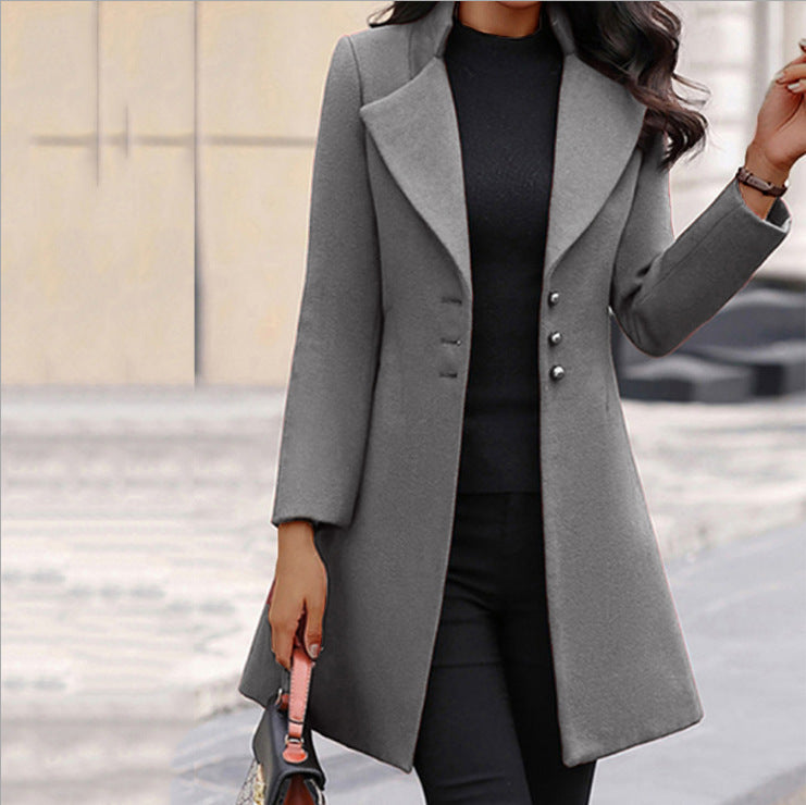 Elegant Women's Mid-Length Black Coat with Gold Buttons