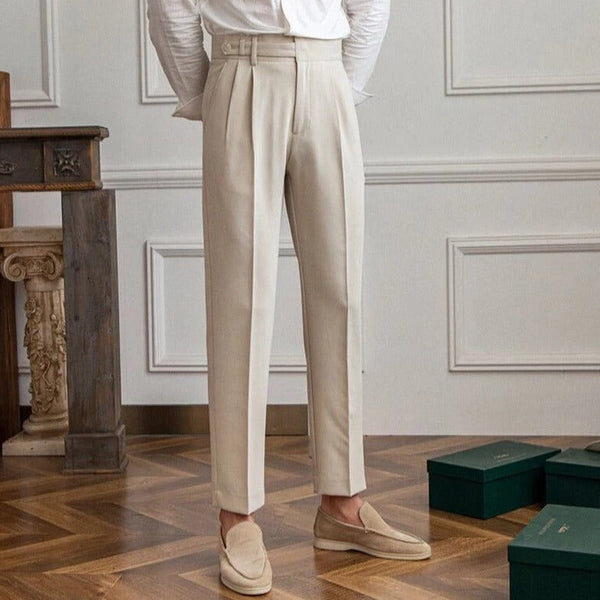Pantalon Homme Plissé Coupe Fuselée Cheville Beige Clair