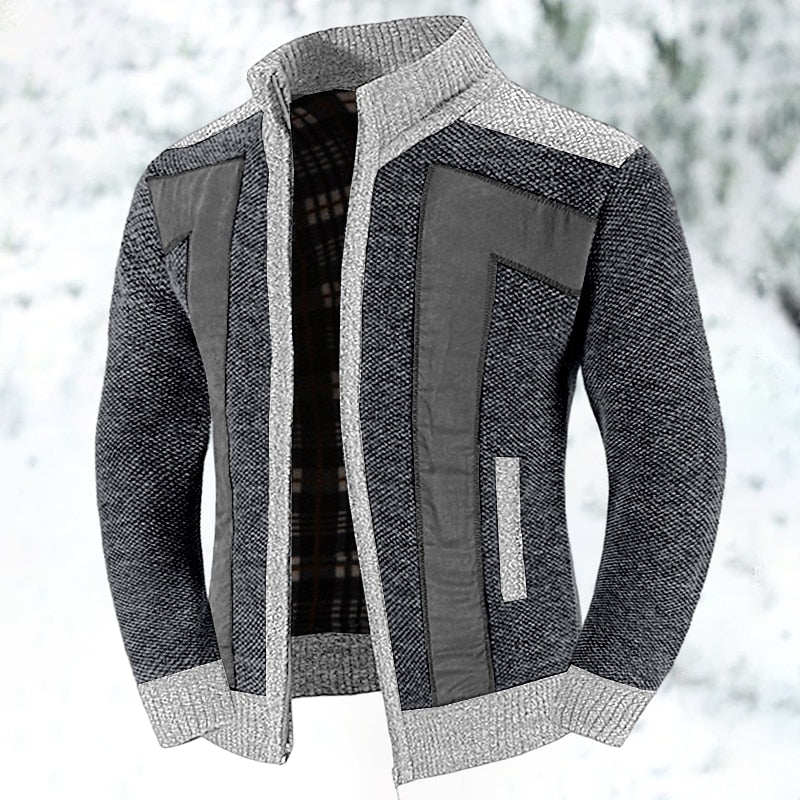 Men's Knit Jacket with Panel Details and Zipped Stand Collar