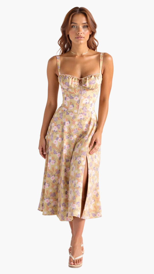 Robe Midi Corset Femme – Élégance Florale et Style Romantique pour Occasions Spéciales