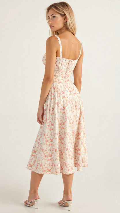 Robe Midi Corset Femme – Élégance Florale et Style Romantique pour Occasions Spéciales