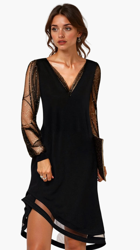 Robe de soirée femme manches transparentes style chic soirée élégante