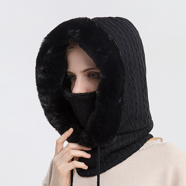 Gefütterte Strickkapuze mit Kunstfell in Rosa und integriertem Nackenwärmer für Damen