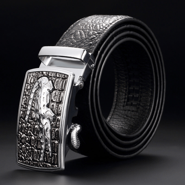 Ceinture pour homme à boucle automatique décorée motif félin, effet relief texturé