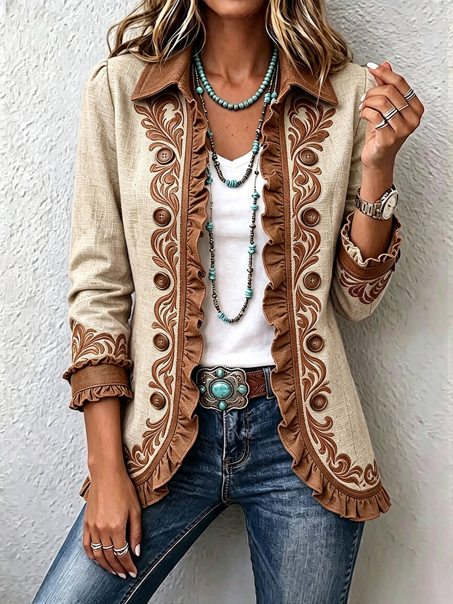 Beige en bruin damesjasje met geborduurde motieven, overhemdkraag en rucheranden, casual stijl
