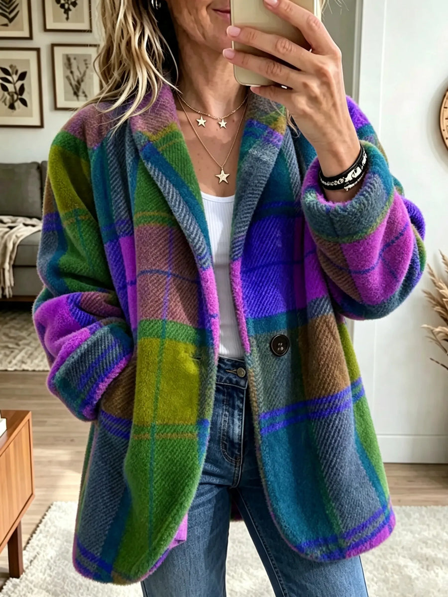 Women's loose-fit multicolored plaid jacket