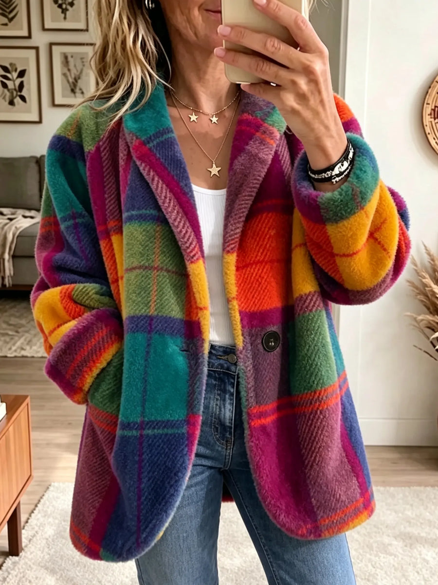 Women's loose-fit multicolored plaid jacket