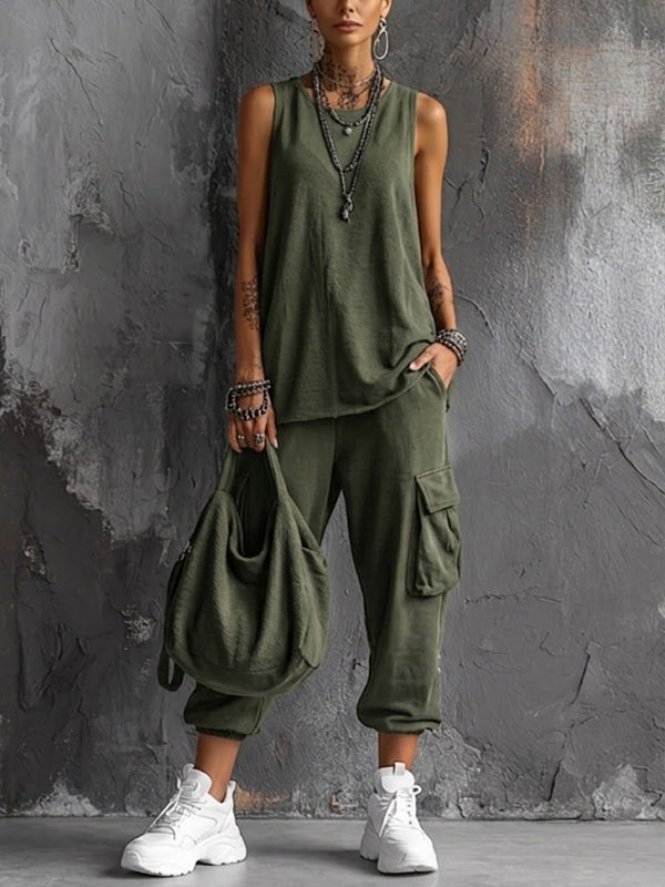 Lässiges Damen-Set aus Tanktop und kurzer Cargo-Hose in Khaki