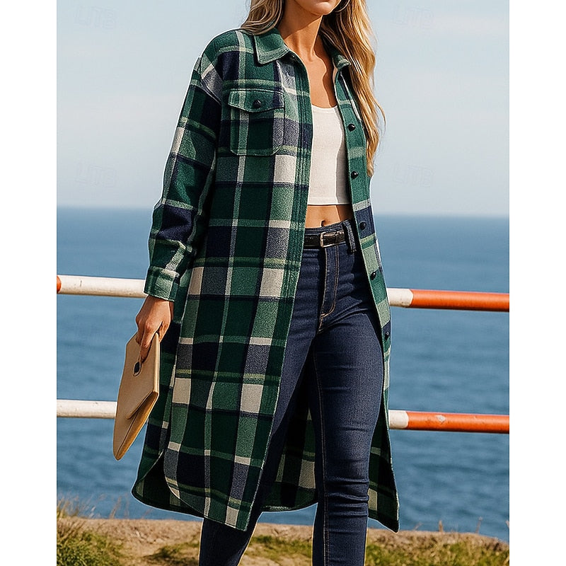 Women's long plaid jacket with a classic collar and buttons
