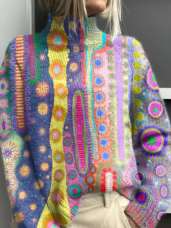 Dolcevita da donna lavorato a maglia multicolore con motivi astratti