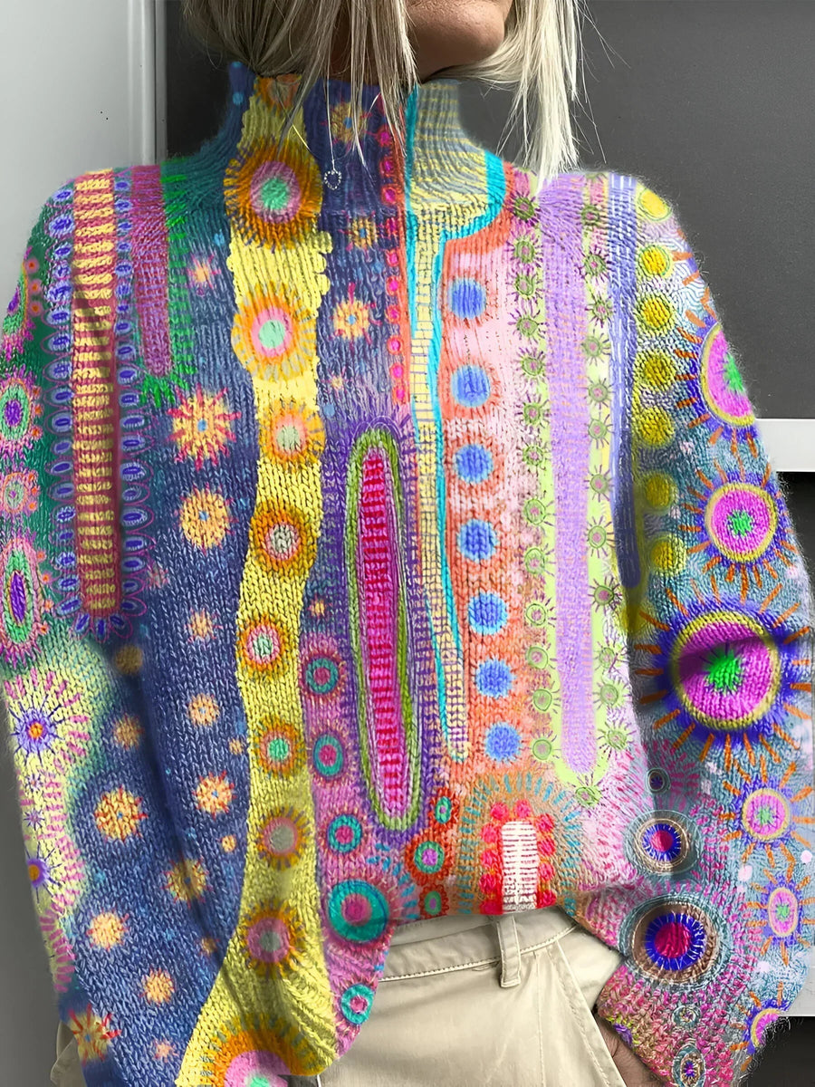Suéter de cuello alto tejido multicolor con motivos abstractos para mujer