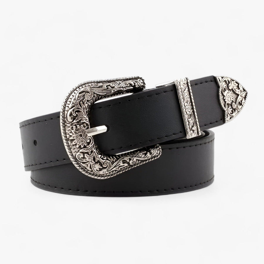 Women's Western-Style Belt with Ornate Silver-Navy Buckle
