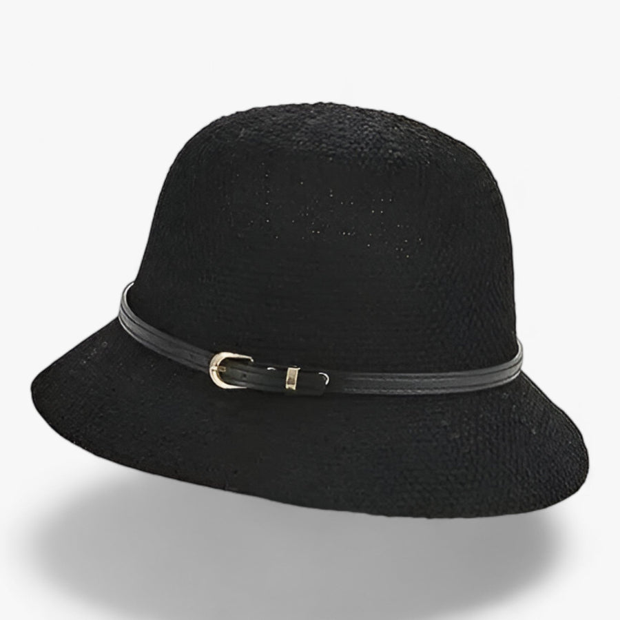 Cloche hat with decorative band and buckle
