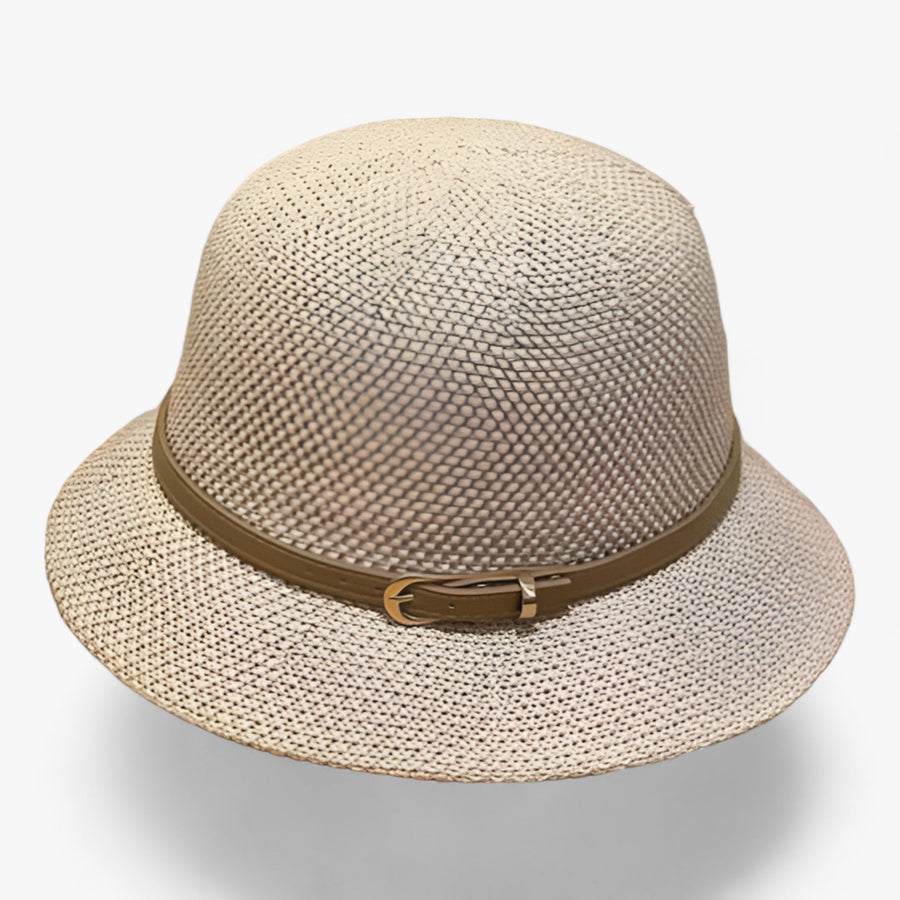 Cloche hat with decorative band and buckle