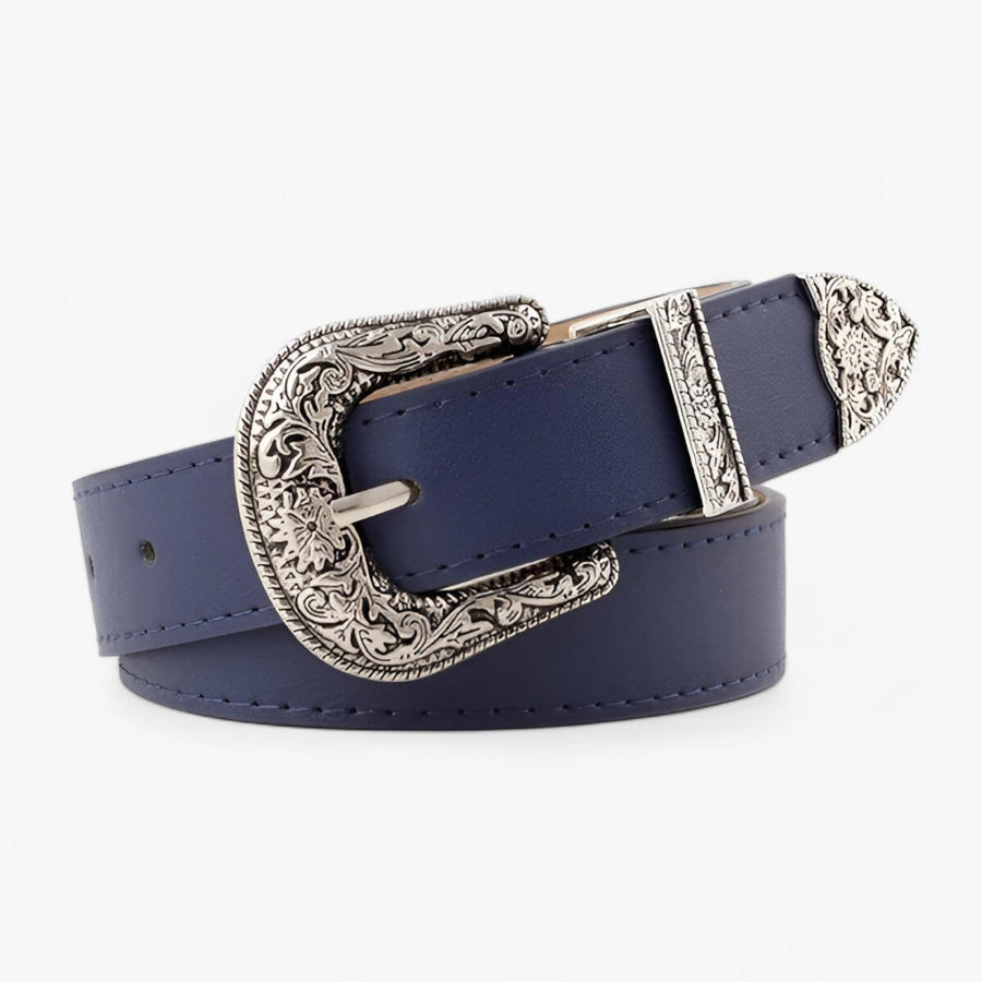 Women's Western-Style Belt with Ornate Silver-Navy Buckle