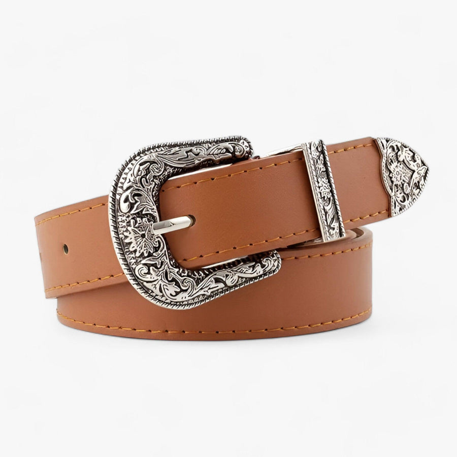 Women's Western-Style Belt with Ornate Silver-Navy Buckle
