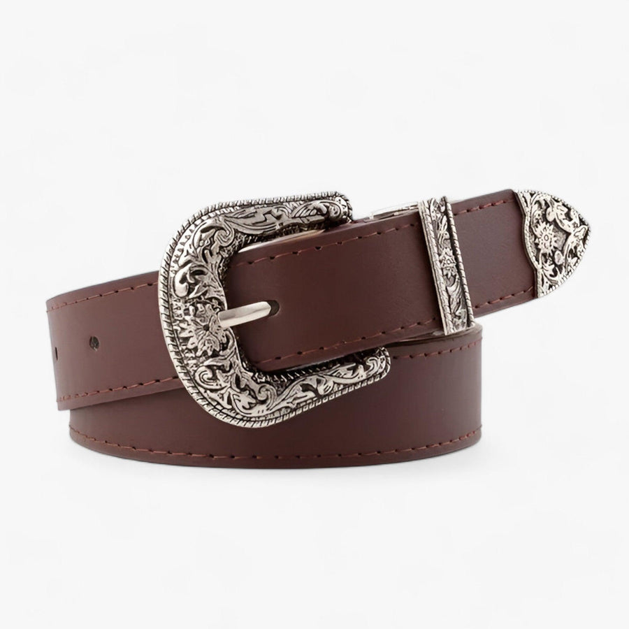 Women's Western-Style Belt with Ornate Silver-Navy Buckle