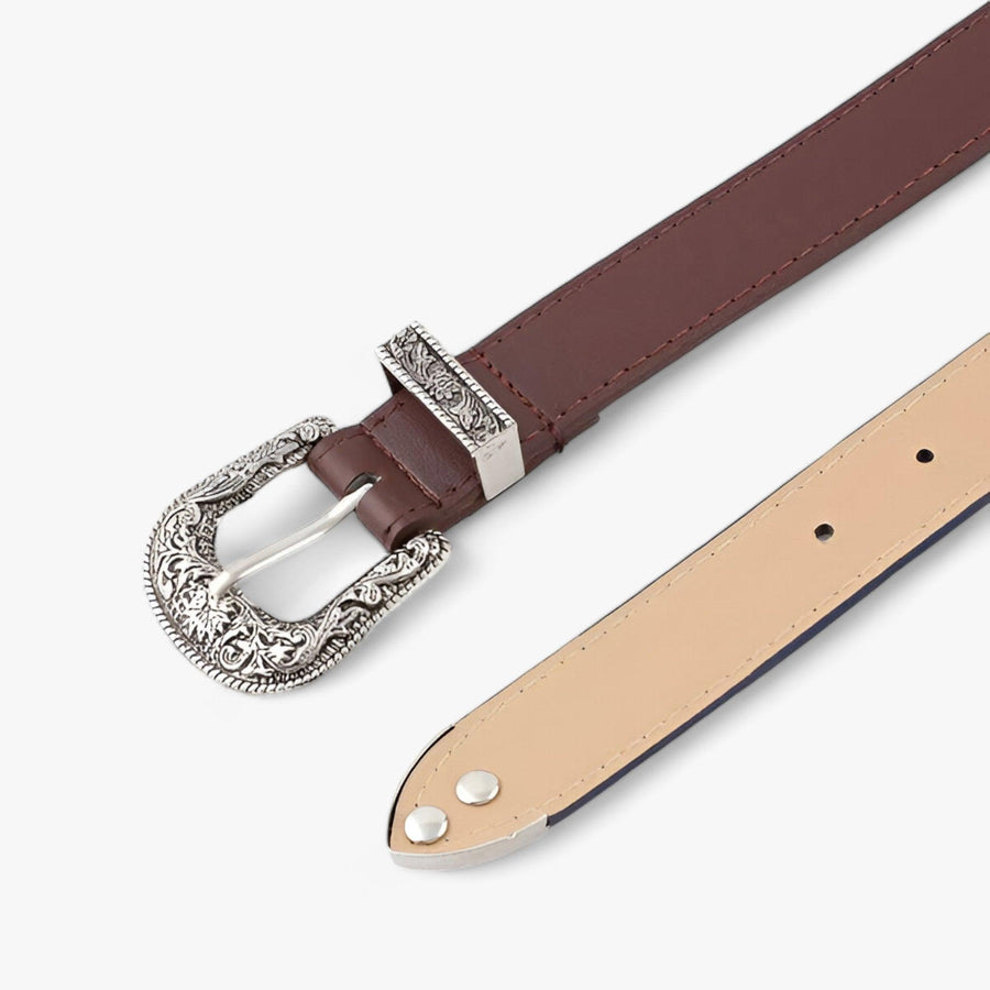 Women's Western-Style Belt with Ornate Silver-Navy Buckle