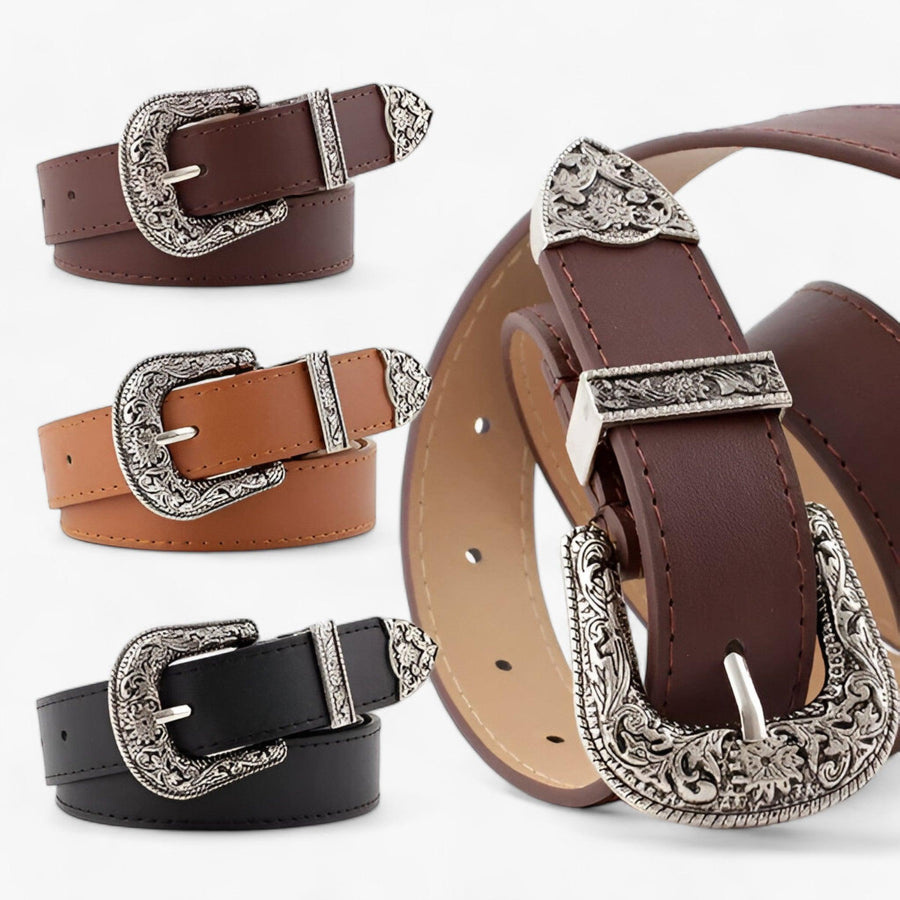 Women's Western-Style Belt with Ornate Silver-Navy Buckle