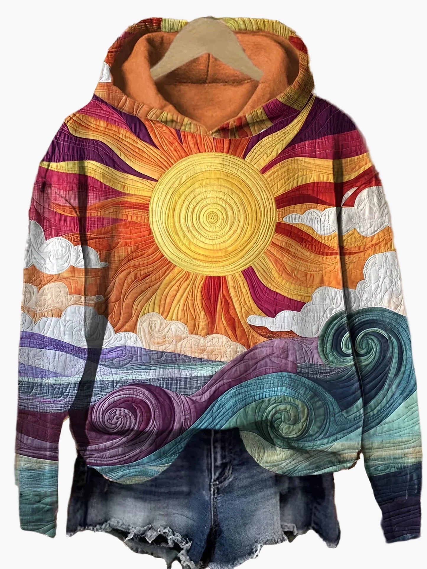 Sweat à Capuche Femme Style Artistique Soleil et Vagues – Mode Décontractée et Colorée