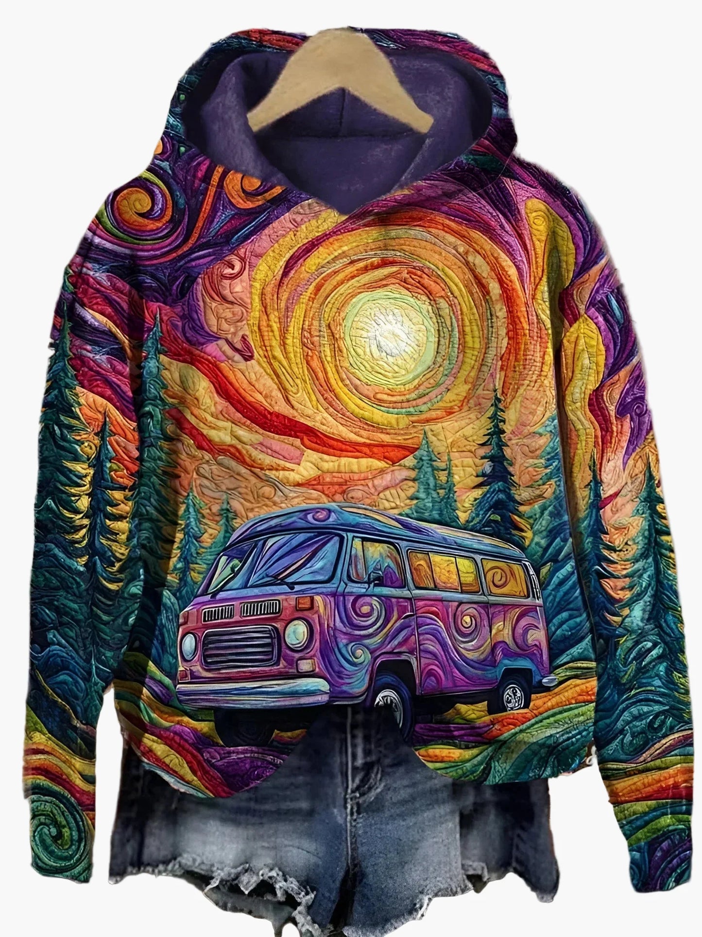Unisex hættetrøje i psykedelisk van vintage kunststil – afslappet og original mode