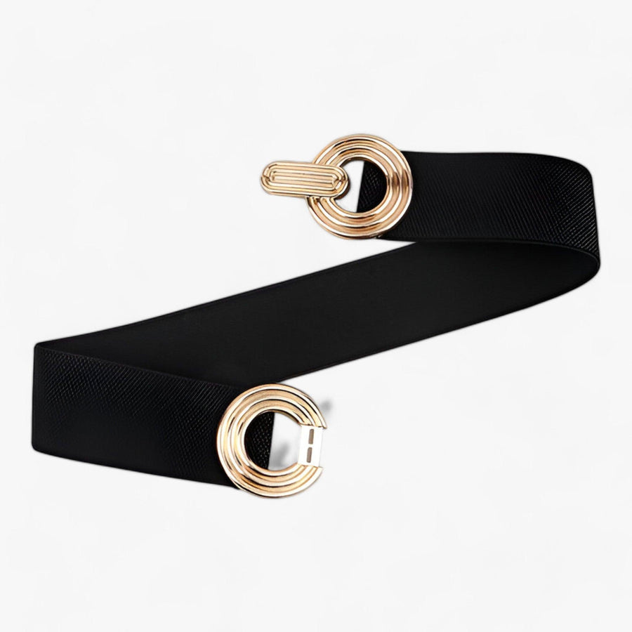 Zwarte elastische damesriem met decoratieve gouden gesp