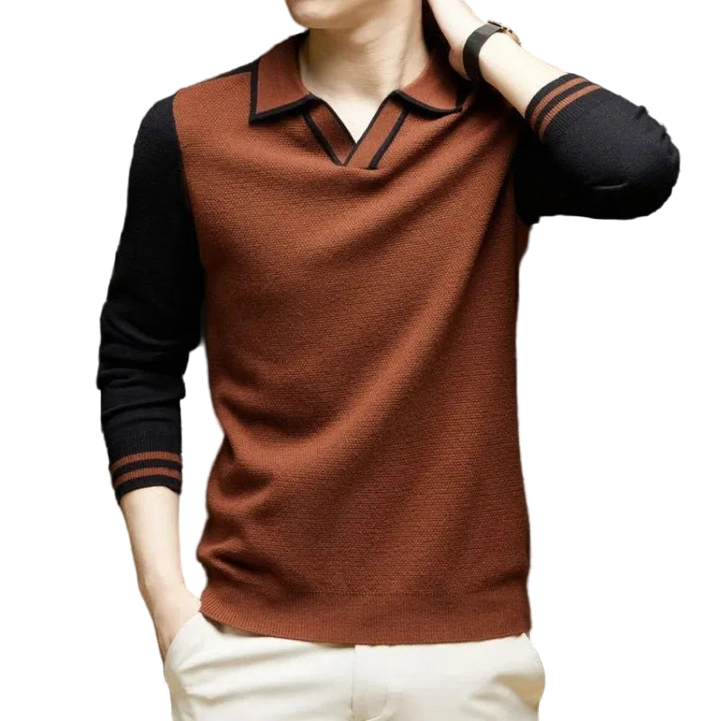 Tosfarget polosweater til herre med lange ermer og v-hals