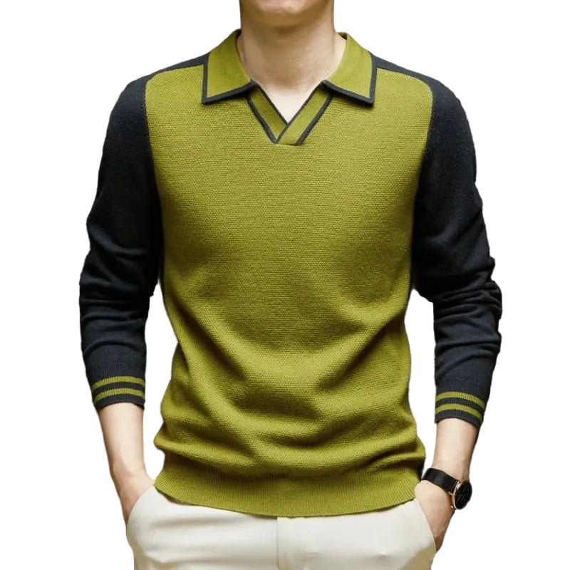 Tosfarget polosweater til herre med lange ermer og v-hals