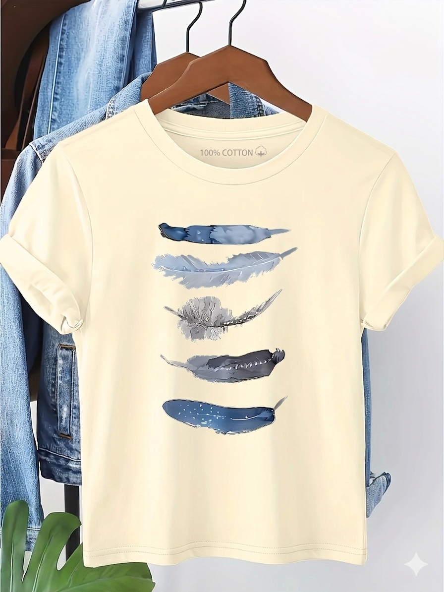 T-shirt Femme Style Décontracté avec Motif Plumes Artisitique – Idéal Pour le Printemps et l'Été